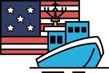 Mavi bir tekne kırmızı, beyaz ve mavi bir Amerikan bayrağının yanına yerleştirildi. Tekne bir balıkçı teknesine benziyor, bir şekilde tasvir edildiği için açık denizde olduğunu gösteriyor. Öte yandan bayrak.