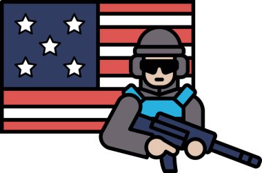 Askeri üniformalı bir adam Amerikan bayrağının önünde duruyor. Silah tutuyor ve güneş gözlüğü takıyor.