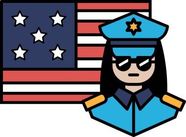 Güneş gözlüklü bir kadın Amerikan bayrağının önünde duruyor. O bir polis memuru. Otorite ve vatanseverlik kavramı