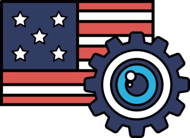 Ortasında vites olan bir Amerikan bayrağının grafiği. Bayrak kırmızı, beyaz, mavi ve yıldızlı. İlerleme ve yenilik kavramı