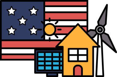 Amerikan bayrağının yanında bir ev ve bir yel değirmeni gösteriliyor. Ev sarı ve yel değirmeni siyah. Bayrak kırmızı, beyaz ve mavi.