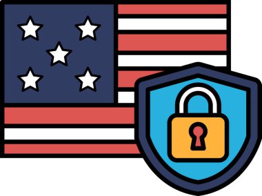 Üzerinde mavi bir kalkan ve anahtar deliği olan vatansever bir Amerikan bayrağı. Kalkan bir koruma sembolü ve anahtar deliği de güvenlik ihtiyacını temsil ediyor.