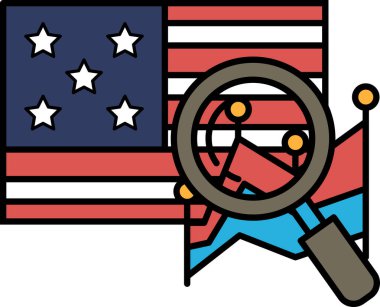 Üzerinde büyüteç olan Amerikan bayrağının yakın çekimi. Büyüteç bayraktaki yıldızlara bakıyor.