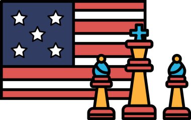 Arka planda kırmızı, beyaz ve mavi Amerikan bayrağı olan bir satranç tahtası. Satranç taşları bayrağa bakacakları şekilde yerleştirilmiş.
