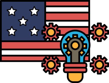 Üzerinde ampul olan bir Amerikan bayrağı karikatürü. Ampul dişlilerle çevrili.