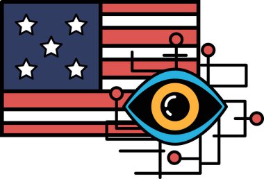 Ortasında mavi göz olan bir Amerikan bayrağının yakın çekimi. Gözler bayrağa ve yıldızlara bakıyor. Göz mavi ve turuncu bir sınırla çevrilidir.