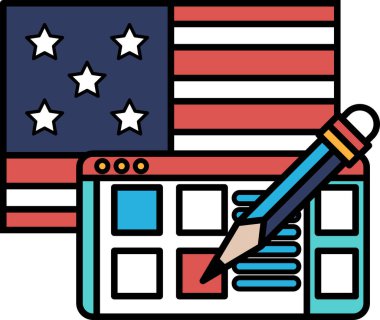 Arka planda Amerikan bayrağı olan bir kağıt parçasına bir kalem çizimi. Yaratıcılık kavramı ve kendini yazma ve çizim yoluyla ifade etmenin önemi.