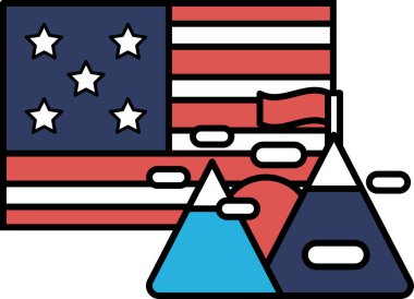 Yıldızlı ve çizgili bir bayrak arka planda bir dağ sırası ile gösterilir. Bayrak kırmızı, beyaz ve mavi.