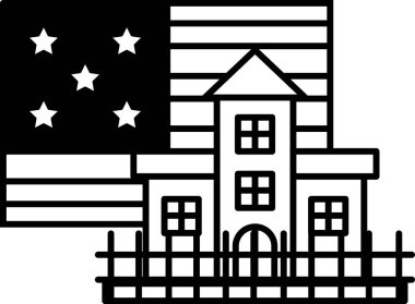 Arkasında yıldız ve Amerikan bayrağı olan bir ev. Evin etrafı çitlerle çevrili.