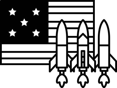 Amerikan bayrağının önünde üç roket dalgalanıyor. Roketler siyah beyaz. Bayrak kırmızı, beyaz ve mavi.
