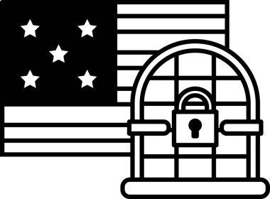 Arka planda Amerikan bayrağı ve yıldız olan kilitli bir kapının siyah beyaz görüntüsü. Kapı metal bir kafesle çevrili ve arka planda bayrak var. Sahne gizemli ve ilgi çekicidir.