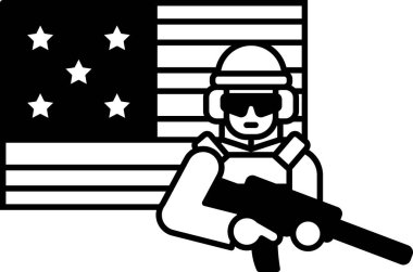 Amerikan bayrağının önünde bir asker duruyor. Elinde silah var. Ülkenizde vatanseverlik ve gurur kavramı