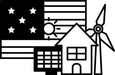 Siyah beyaz bir ev çizimi, bir yel değirmeni ve bir bayrak. Bayrak kırmızı, beyaz ve mavi. Çizim, yenilenebilir enerji fikrini aktarıyor