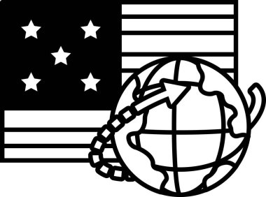 Arka planda Amerikan bayrağı olan siyah beyaz bir küre çizimi. Küre yukarıya bakıyor, ilerleme ve büyüme fikrini sembolize ediyor.