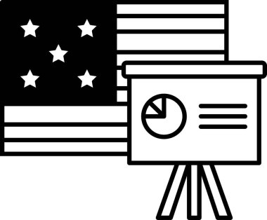 Beyaz arka planı olan büyük bir Amerikan bayrağının siyah beyaz görüntüsü. Pasta grafiği olan beyaz bir tahta da gösterilir