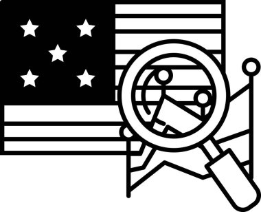 Amerikan bayrağına bakan bir büyüteçin siyah beyaz görüntüsü. Bayrak yıldızlarla çevrilidir ve büyüteç görüntünün merkezindedir. Merak ve keşif kavramı