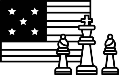 Arka planda bayrak olan bir satranç tahtasının siyah beyaz görüntüsü. Bayrak Amerikan bayrağı ve satranç tahtasının üzerinde üç parça var.