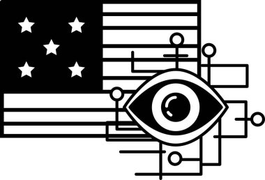 Ortasında büyük bir göz olan bir Amerikan bayrağının siyah beyaz görüntüsü. Göz küçük dairelerle çevrilidir ve bayrak yıldızlarla çevrilidir. Merak ve entrika kavramı