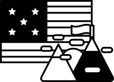 Yıldızlı, çizgili ve arka planda bir sıradağ olan bir bayrağın siyah ve beyaz görüntüsü