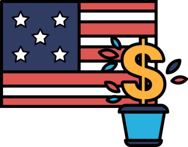 Amerikan bayrağının yanındaki tencereye bir dolar işareti yerleştiriliyor. Para kavramı ve bunun ABD 'de önemi