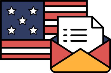 Bir zarfın yanında kırmızı, beyaz ve mavi bir Amerikan bayrağı var. Zarf açık ve içinde bir parça kağıt var. Gazetede eşyaların bir listesi var ve zarf da birine yollanmış.