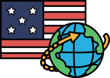 Birleşik Devletler 'i gösteren oklu bir küre karikatürü. Dünya yıldızlarla ve Amerikan bayrağıyla çevrili.