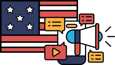 Üzerinde mikrofon ve kamera olan büyük bir Amerikan bayrağı. Bayrak yıldızlarla çevrili ve mikrofon ve kamera bayrağın sağ tarafında.