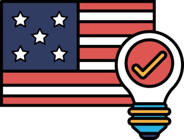 Amerikan bayrağının yanında bir ampul gösterilir. Ampul yanıyor, bu da yenilik ve ilerleme fikrini sembolize edebilir. Bayrak ABD 'yi temsil ediyor.