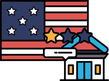 Üzerinde yıldız olan bir bina ve arkasında kırmızı, beyaz ve mavi bir Amerikan bayrağı. Bina bir otel.