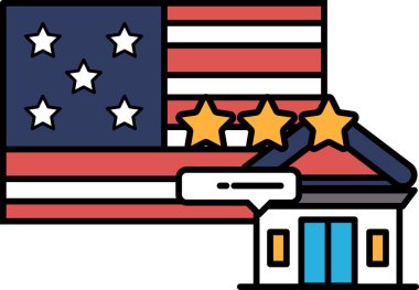 Arka planında kırmızı, beyaz ve mavi Amerikan bayrağı olan bir bina. Binanın üzerinde üç yıldız var.