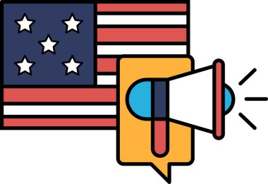 Önünde mikrofon olan büyük bir Amerikan bayrağı. Konuşma ve ifade özgürlüğü kavramı