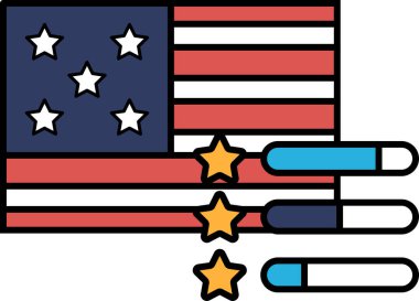 Yıldızlı ve çizgili vatansever bir bayrak. Yıldızlar farklı boyutlarda ve farklı pozisyonlarda.