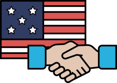 Amerikan bayrağı önünde iki el titriyor. İki ülke arasındaki birlik ve işbirliği kavramı