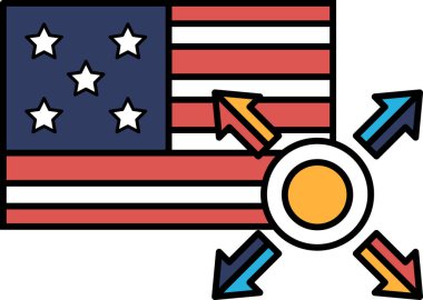 Sağa bakan yıldızlı, çizgili ve oklu bir bayrak. Bayrak kırmızı, beyaz ve mavi.