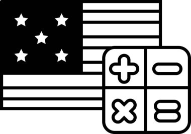 Sağında hesap makinesi olan Amerikan bayrağının siyah beyaz görüntüsü. Hesap makinesinde 1 'den 9' a kadar sayılar var.
