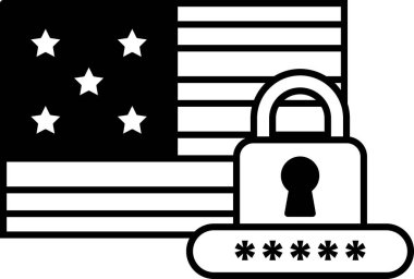 Siyah beyaz bir anahtar ve arka planda Amerikan bayrağı olan bir kilit. Güvenlik ve koruma kavramı