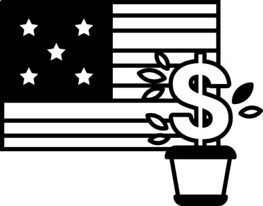 Bir dolar işareti ve saksıdaki bir bitkinin siyah beyaz görüntüsü. Dolar işareti görüntünün sağ tarafında ve bitki de sol tarafında. Para ve büyüme kavramı