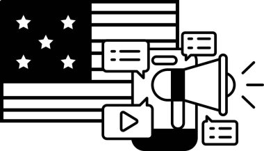 Üzerinde mikrofon ve büyük bir yıldız olan siyah beyaz bir Amerikan bayrağı. Konuşma özgürlüğü kavramı ve kendini ifade etmenin önemi.
