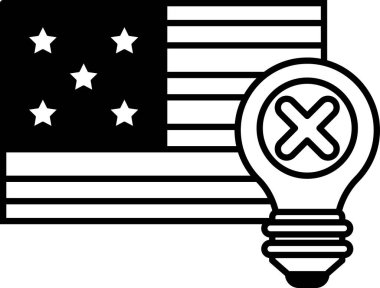 Arka planda Amerikan bayrağı olan bir ampulün siyah beyaz çizimi. Ampul yıldızlarla çevrili ve bayrak ortada. Yenilik ve ilerleme kavramı