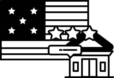 Üzerinde yıldız olan siyah beyaz bir bina ve üzerinde yıldızlar olan bir bayrak.