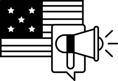 Üzerinde mikrofon ve büyük bir yıldız olan siyah beyaz bir Amerikan bayrağı. Konuşma özgürlüğü kavramı ve fikirlerini ifade etmenin önemi.
