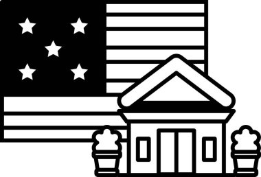 Bir ev ve bir bayrak siyah ve beyaz olarak çizilir. Ev bir binanın yanında ve bayrak evin üstünde.