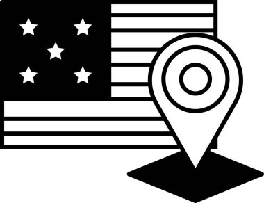 Üzerinde kırmızı nokta olan siyah beyaz bir Amerikan bayrağı. Kırmızı nokta bir harita işareti.