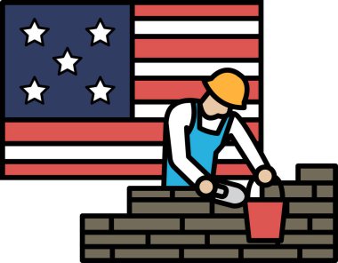 Bir adam Amerikan bayrağının önündeki tuğla duvar üzerinde çalışıyor. Adam sert bir şapka ve mavi bir önlük giyiyor. Bayrak kırmızı, beyaz ve mavi.