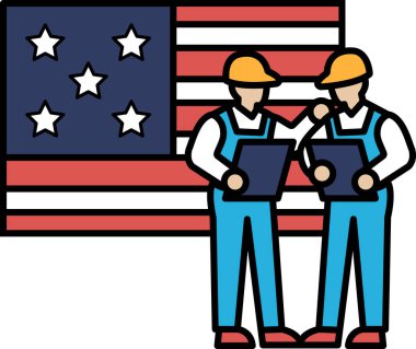 İki adam bir Amerikan bayrağının yanında duruyor. Kasketleri ve mavi tulumları var.