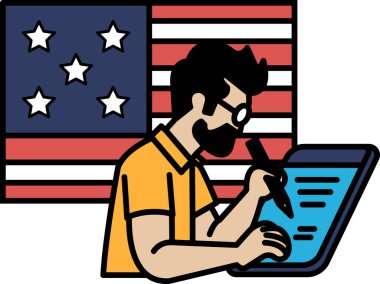 Arka planda Amerikan bayrağı olan bir adam tablete yazı yazıyor. Adam gözlük takıyor ve sakalı var. Ülkenizde vatanseverlik ve gurur kavramı