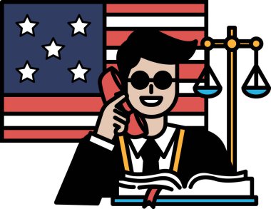 Takım elbiseli bir adam bayrağın önünde otururken telefonla konuşuyor. Profesyonellik ve otorite kavramı, adam takım elbise giymiş ve güçlü bir konumda.