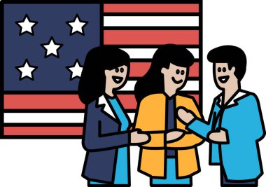 Üç kişi bir Amerikan bayrağı önünde gülümsüyor ve el sıkışıyor. Halk arasında birlik ve dostluk kavramı