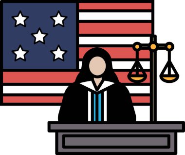 Siyah cüppeli bir kadın bir bayrak ve tartının önünde duruyor. Adalet kavramı ve yasanın uygulanmasının önemi