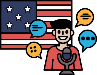 Bir adam Amerikan bayrağının önünde mikrofona konuşuyor. Adam gülümsüyor ve bayrak kırmızı, beyaz ve mavi.